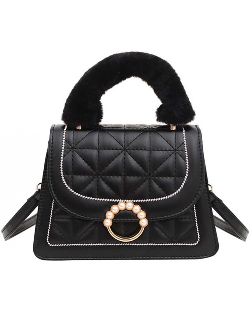 Diamond Check handbag Women's plush handbag Versatile niche one shoulder small square bag Black $10.02 Handbags