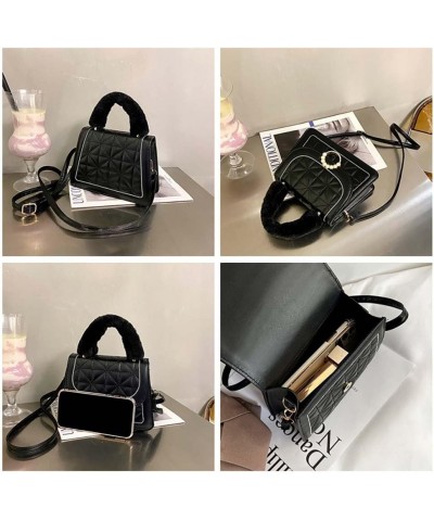 Diamond Check handbag Women's plush handbag Versatile niche one shoulder small square bag Black $10.02 Handbags