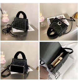 Diamond Check handbag Women's plush handbag Versatile niche one shoulder small square bag Black $10.02 Handbags