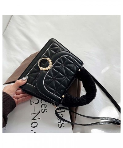 Diamond Check handbag Women's plush handbag Versatile niche one shoulder small square bag Black $10.02 Handbags