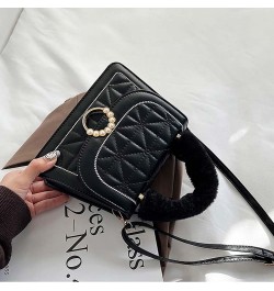 Diamond Check handbag Women's plush handbag Versatile niche one shoulder small square bag Black $10.02 Handbags