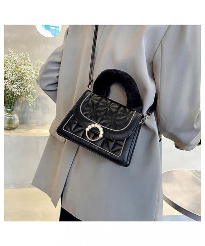 Diamond Check handbag Women's plush handbag Versatile niche one shoulder small square bag Black $10.02 Handbags