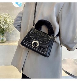 Diamond Check handbag Women's plush handbag Versatile niche one shoulder small square bag Black $10.02 Handbags