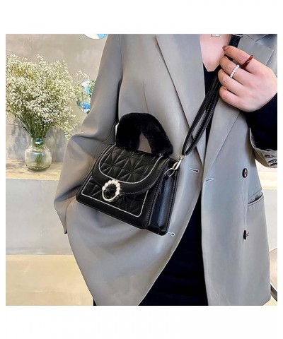 Diamond Check handbag Women's plush handbag Versatile niche one shoulder small square bag Black $10.02 Handbags