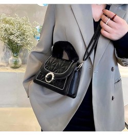 Diamond Check handbag Women's plush handbag Versatile niche one shoulder small square bag Black $10.02 Handbags