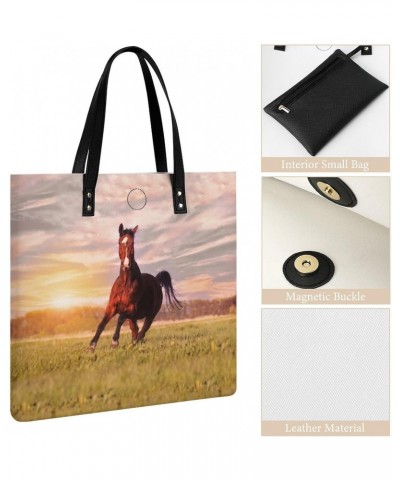 Horse Running on Grass Tote Bags PU Leather Shoulder Bag Purses Work Tote Handbags for Women Men $15.68 Totes