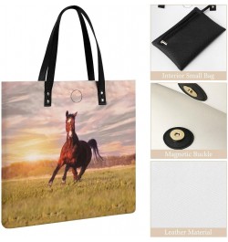 Horse Running on Grass Tote Bags PU Leather Shoulder Bag Purses Work Tote Handbags for Women Men $15.68 Totes