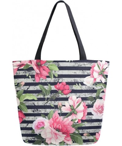 Floral Rose Flowers Stripe Large Canvas Tote Bag Shopping Shoulder Handbag with Small Zippered Pocket $11.65 Totes