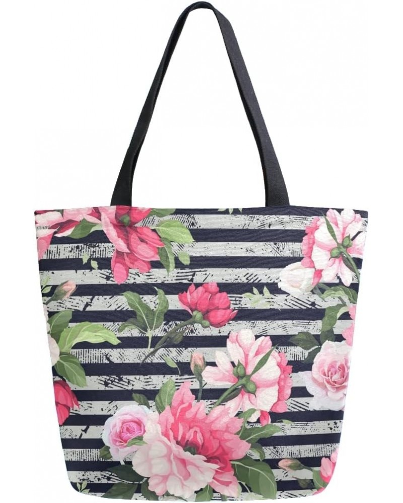 Floral Rose Flowers Stripe Large Canvas Tote Bag Shopping Shoulder Handbag with Small Zippered Pocket $11.65 Totes