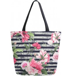 Floral Rose Flowers Stripe Large Canvas Tote Bag Shopping Shoulder Handbag with Small Zippered Pocket $11.65 Totes