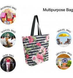 Floral Rose Flowers Stripe Large Canvas Tote Bag Shopping Shoulder Handbag with Small Zippered Pocket $11.65 Totes