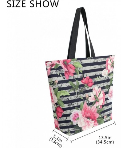 Floral Rose Flowers Stripe Large Canvas Tote Bag Shopping Shoulder Handbag with Small Zippered Pocket $11.65 Totes