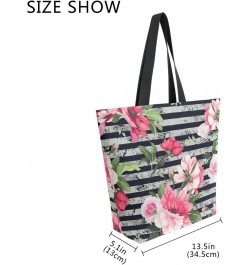 Floral Rose Flowers Stripe Large Canvas Tote Bag Shopping Shoulder Handbag with Small Zippered Pocket $11.65 Totes