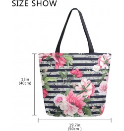 Floral Rose Flowers Stripe Large Canvas Tote Bag Shopping Shoulder Handbag with Small Zippered Pocket $11.65 Totes