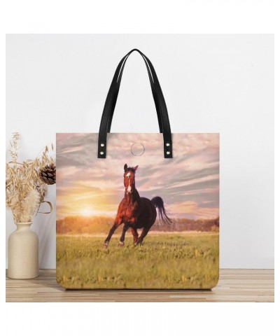 Horse Running on Grass Tote Bags PU Leather Shoulder Bag Purses Work Tote Handbags for Women Men $15.68 Totes