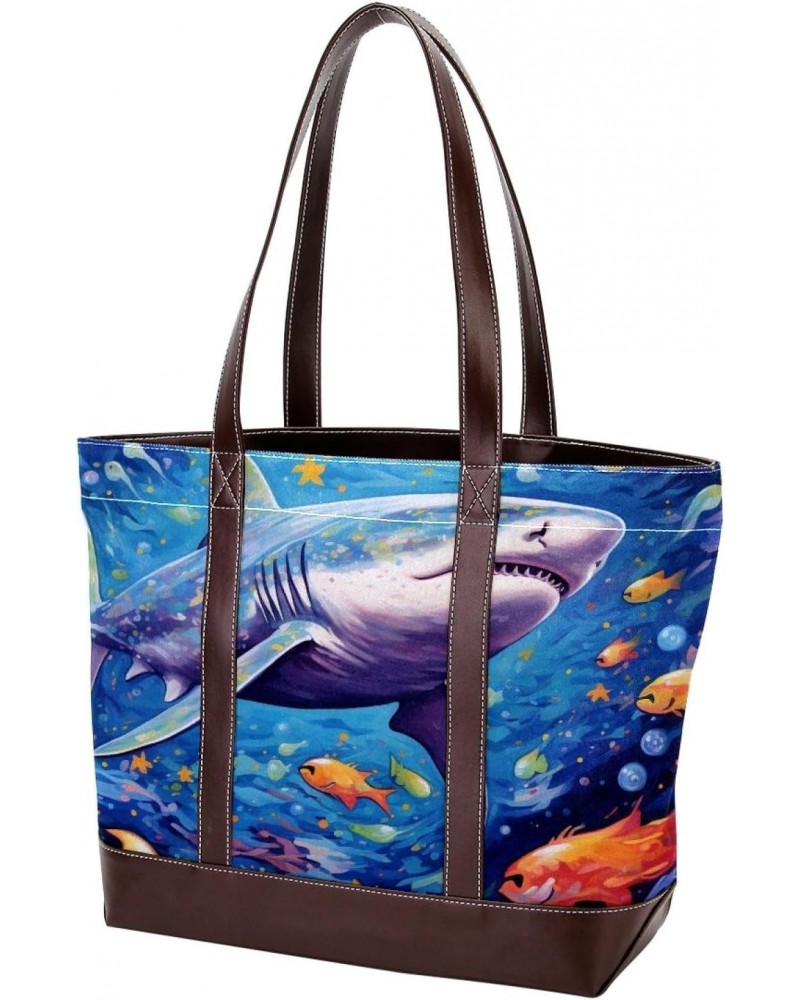 Shark Canvas Leather Mix Handbag - 13.3x4.7x12.2 in - Durable and Stylish Women's Shoulder Bag $26.87 Shoulder Bags