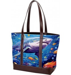 Shark Canvas Leather Mix Handbag - 13.3x4.7x12.2 in - Durable and Stylish Women's Shoulder Bag $26.87 Shoulder Bags