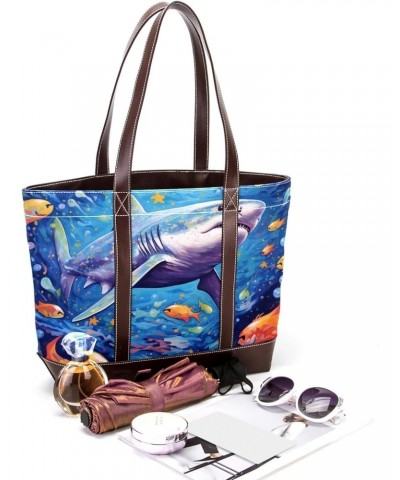 Shark Canvas Leather Mix Handbag - 13.3x4.7x12.2 in - Durable and Stylish Women's Shoulder Bag $26.87 Shoulder Bags