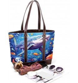 Shark Canvas Leather Mix Handbag - 13.3x4.7x12.2 in - Durable and Stylish Women's Shoulder Bag $26.87 Shoulder Bags