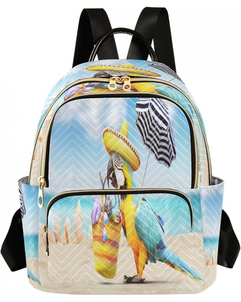 Backpack Purse for Women Funny Parrot on Sandy Beach, Mini Fashion Backpack Summer Lightweight Casual Daypack Shoulder Bag Tr...