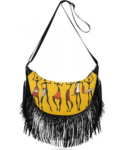 Women Fringe Tassel Cross Body Bag African Ethnic Tribe Lady Brown Leisure Shoulder Bag Color480 $13.22 Crossbody Bags