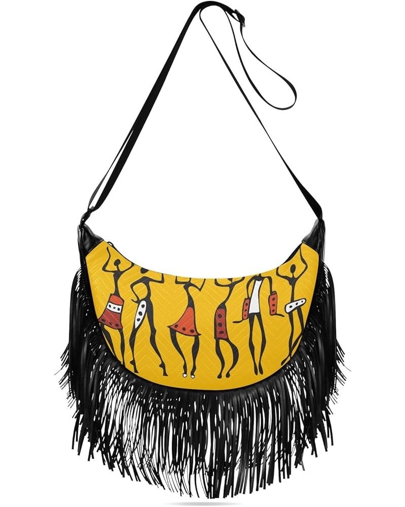 Women Fringe Tassel Cross Body Bag African Ethnic Tribe Lady Brown Leisure Shoulder Bag Color480 $13.22 Crossbody Bags