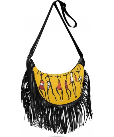 Women Fringe Tassel Cross Body Bag African Ethnic Tribe Lady Brown Leisure Shoulder Bag Color480 $13.22 Crossbody Bags