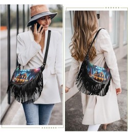 Retro Flowers Fringe Crossbody Bag Tassel Purses for Women Western Purses for Women Crossbody Shoulder Purse Night House 2024...