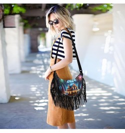 Retro Flowers Fringe Crossbody Bag Tassel Purses for Women Western Purses for Women Crossbody Shoulder Purse Night House 2024...