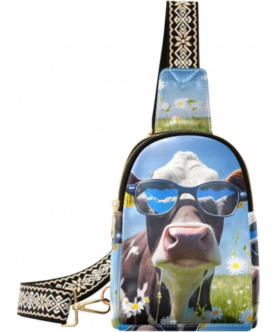 Cow with Glasses Print Women Sling Bag with Adjustable Strap Zipper Closure, PU Leather Water Resistant Crossbody Bag Purse C...