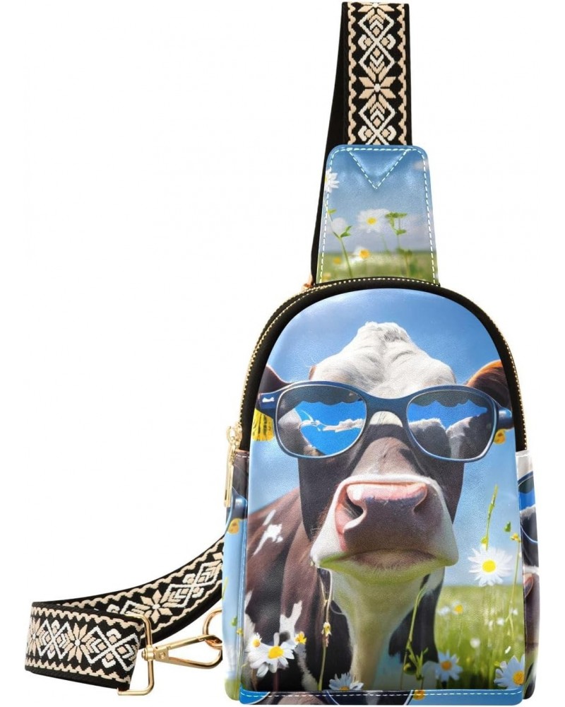 Cow with Glasses Print Women Sling Bag with Adjustable Strap Zipper Closure, PU Leather Water Resistant Crossbody Bag Purse C...