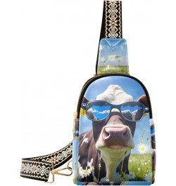 Cow with Glasses Print Women Sling Bag with Adjustable Strap Zipper Closure, PU Leather Water Resistant Crossbody Bag Purse C...