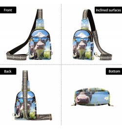 Cow with Glasses Print Women Sling Bag with Adjustable Strap Zipper Closure, PU Leather Water Resistant Crossbody Bag Purse C...