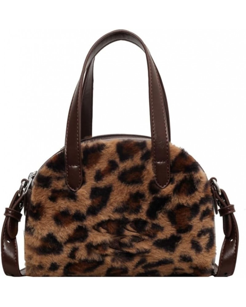 Leopard Print Crossbody Bag with Top Handle Fluffy Leopard Tote Bag Faux Fur Furry Cheetah Print Shoulder Handbag Coffee $14....