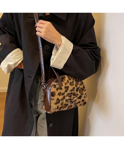 Leopard Print Crossbody Bag with Top Handle Fluffy Leopard Tote Bag Faux Fur Furry Cheetah Print Shoulder Handbag Coffee $14....