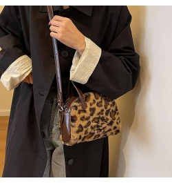 Leopard Print Crossbody Bag with Top Handle Fluffy Leopard Tote Bag Faux Fur Furry Cheetah Print Shoulder Handbag Coffee $14....