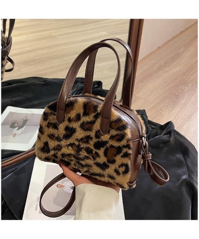 Leopard Print Crossbody Bag with Top Handle Fluffy Leopard Tote Bag Faux Fur Furry Cheetah Print Shoulder Handbag Coffee $14....