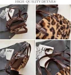 Leopard Print Crossbody Bag with Top Handle Fluffy Leopard Tote Bag Faux Fur Furry Cheetah Print Shoulder Handbag Coffee $14....