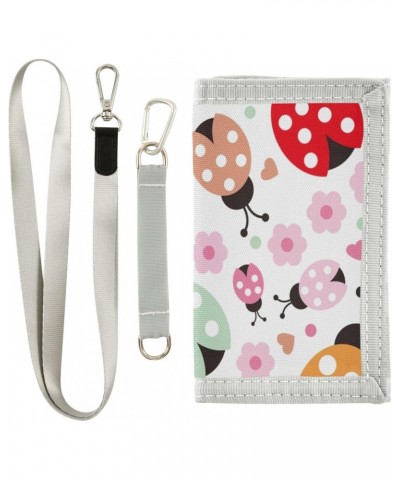 Cute Colorful Ladybug Polka Dot Trifold Wallet Fabric Wallet Small Nylon Wallet Card Wallet with Lanyard $9.68 Wallets