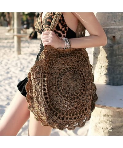 Bohemian Straw Bags for Women Circle Beach Handbags Summer Rattan Shoulder Bags Knitted Travel Big Totes Darkbrown $16.42 Totes