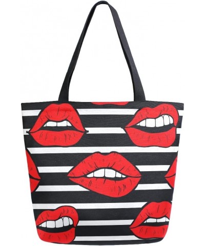 Red Lips Black and White Stripes Large Canvas Tote Bag Shopping Shoulder Handbag with Small Zippered Pocket $12.09 Totes