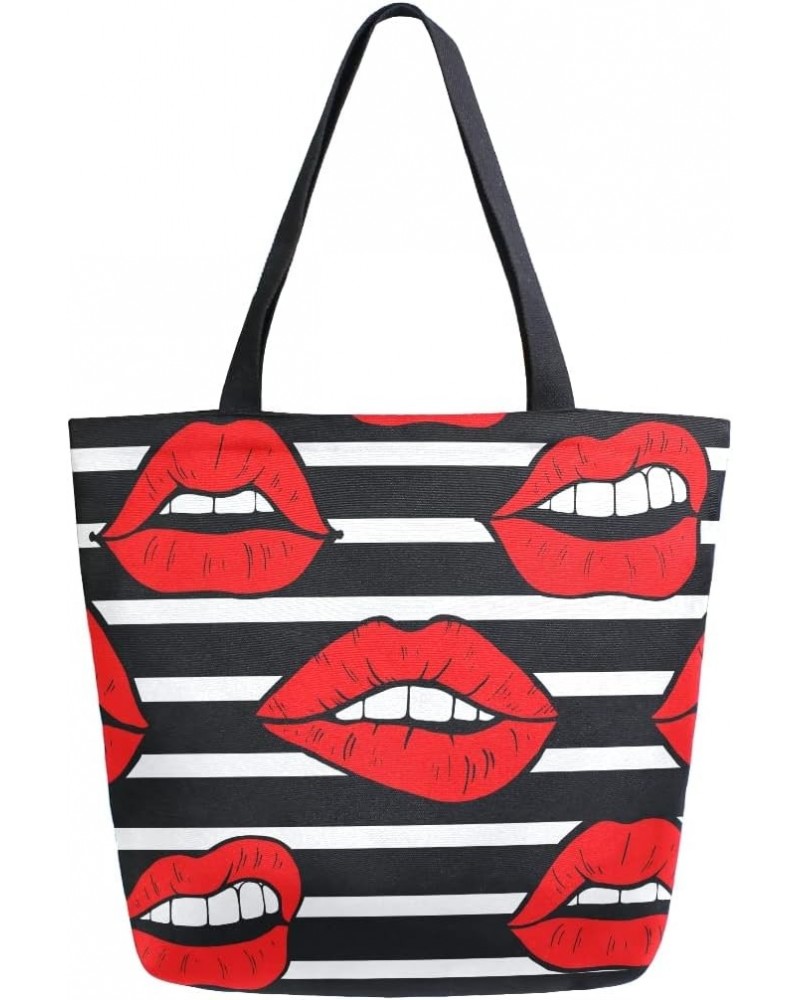 Red Lips Black and White Stripes Large Canvas Tote Bag Shopping Shoulder Handbag with Small Zippered Pocket $12.09 Totes