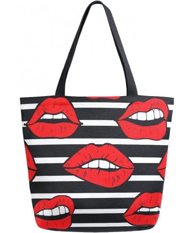 Red Lips Black and White Stripes Large Canvas Tote Bag Shopping Shoulder Handbag with Small Zippered Pocket $12.09 Totes