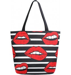 Red Lips Black and White Stripes Large Canvas Tote Bag Shopping Shoulder Handbag with Small Zippered Pocket $12.09 Totes