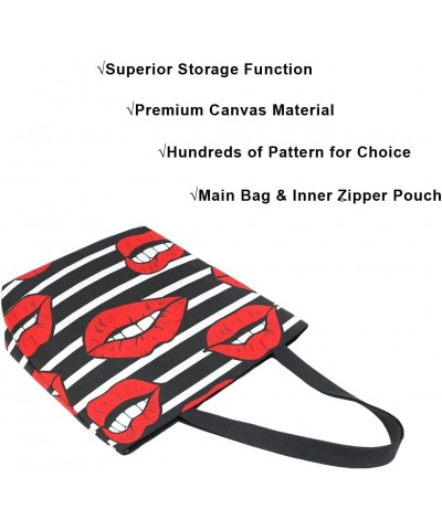 Red Lips Black and White Stripes Large Canvas Tote Bag Shopping Shoulder Handbag with Small Zippered Pocket $12.09 Totes