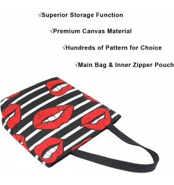 Red Lips Black and White Stripes Large Canvas Tote Bag Shopping Shoulder Handbag with Small Zippered Pocket $12.09 Totes