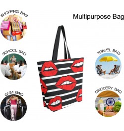 Red Lips Black and White Stripes Large Canvas Tote Bag Shopping Shoulder Handbag with Small Zippered Pocket $12.09 Totes