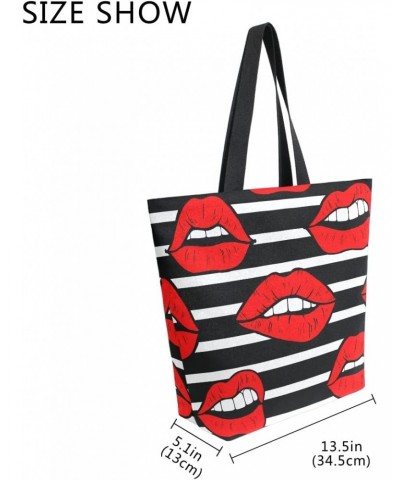 Red Lips Black and White Stripes Large Canvas Tote Bag Shopping Shoulder Handbag with Small Zippered Pocket $12.09 Totes