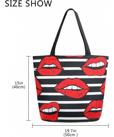 Red Lips Black and White Stripes Large Canvas Tote Bag Shopping Shoulder Handbag with Small Zippered Pocket $12.09 Totes