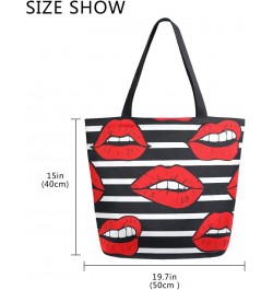 Red Lips Black and White Stripes Large Canvas Tote Bag Shopping Shoulder Handbag with Small Zippered Pocket $12.09 Totes